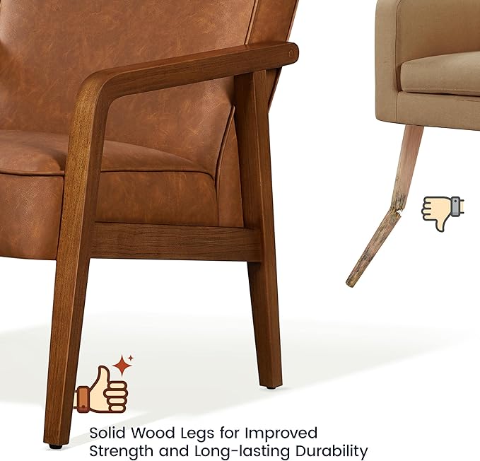 Yaheetech PU Leather Accent Chair, Mid-Century Modern Barrel Chair with Wooden Frame and Soft Thick Padded for Living Room Bedroom Home Office, 2 Pieces, Light Brown - LeafyLoom
