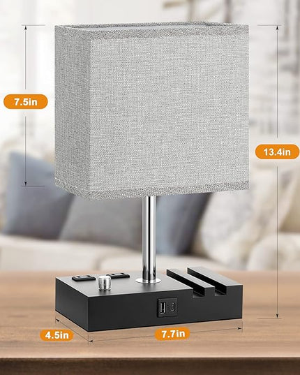 Kakanuo Fully Dimmable Bedside Lamps for Bedroom with USB C Ports, Grey USB Table Lamp Set of 2, Wooden Desk Lamp with 2 Charging Outlets and Phone Stand for Nightstand and Living Room, Bulb Included - LeafyLoom
