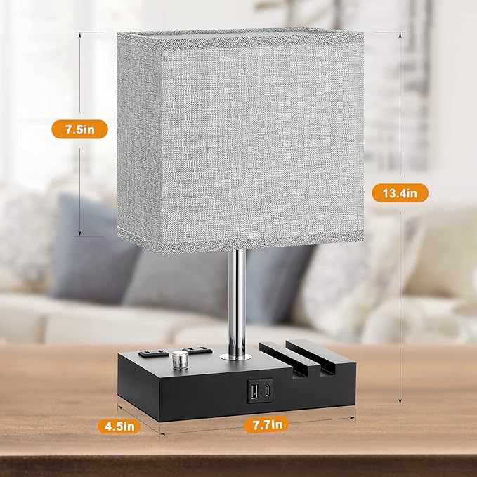 Kakanuo Fully Dimmable Bedside Lamps for Bedroom with USB C Ports, Grey USB Table Lamp Set of 2, Wooden Desk Lamp with 2 Charging Outlets and Phone Stand for Nightstand and Living Room, Bulb Included - LeafyLoom