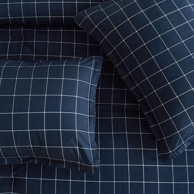 Andency Navy Grid Comforter Set Full Size (79x90 Inch), 3 Pieces(1 Grid Comforter and 2 Pillowcases), Summer Lightweight Microfiber Down Alternative Navy Comforter with White Lines - LeafyLoom