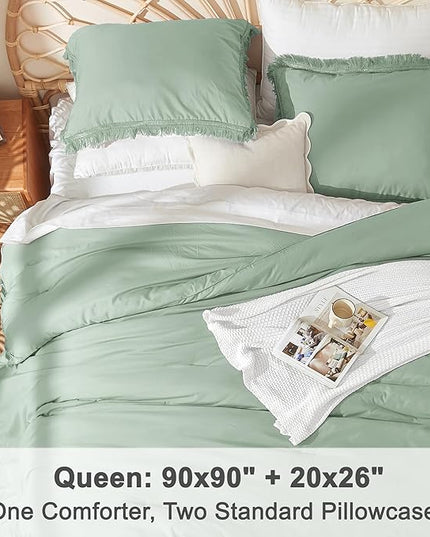 Litanika Sage Green Comforter Queen Set, Boho Tassel Comforter Aesthetic 3 Pieces, Lightweight Fringe Microfiber Bedding Set for All Season(1 Comforter 90x90 inch, 2 Pillowcases) - LeafyLoom