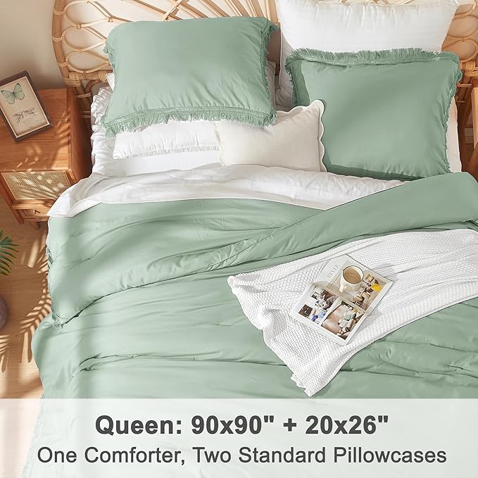 Litanika Sage Green Comforter Queen Set, Boho Tassel Comforter Aesthetic 3 Pieces, Lightweight Fringe Microfiber Bedding Set for All Season(1 Comforter 90x90 inch, 2 Pillowcases) - LeafyLoom