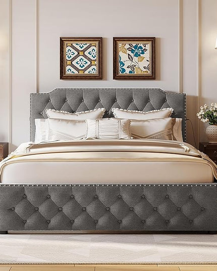 Queen Size Linen Upholstered Platform Bed with 2 Drawers and 2 sets of USB Ports on Each Side,Wood Bed Frame w/Button-Tufted Design Headboard,for Bedroom,Apartment,Gray - LeafyLoom