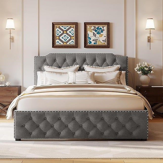 Queen Size Linen Upholstered Platform Bed with 2 Drawers and 2 sets of USB Ports on Each Side,Wood Bed Frame w/Button-Tufted Design Headboard,for Bedroom,Apartment,Gray - LeafyLoom