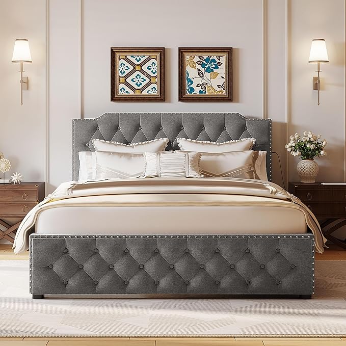 Queen Size Linen Upholstered Platform Bed with 2 Drawers and 2 sets of USB Ports on Each Side,Wood Bed Frame w/Button-Tufted Design Headboard,for Bedroom,Apartment,Gray - LeafyLoom