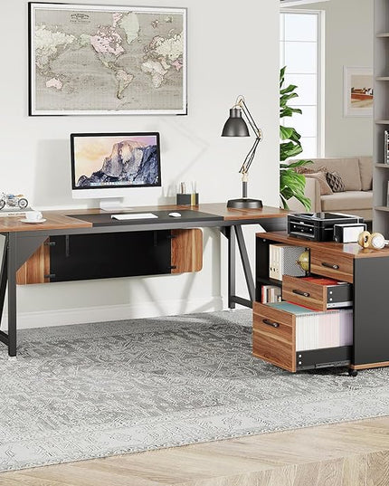 70.8" Executive Desk with 35.4" File Cabinet, L-Shaped Computer Desk, Wood Office Desk for Home Office - LeafyLoom