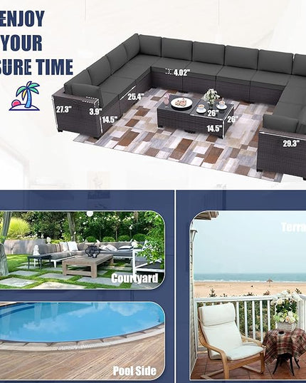 Patio Furniture Set 14-Pieces Outdoor Furniture for Backyard Wicker Sectional Sofa Set, Rattan Patio Conversation Set with Thickened Cushions and Glass Coffee Table, Grey - LeafyLoom
