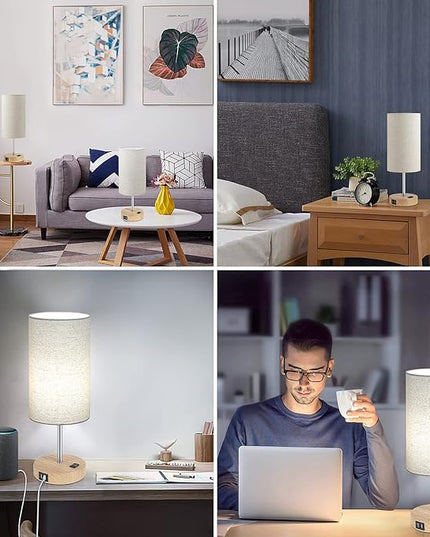 Bedside Table Lamps with 2 USB Charging Ports & AC Outlet, Set of 2 Touch Control Wooden Base Nightstand 3-Way Dimmable Lamps with Beige Fabric Shade for Bedroom, Living Room, A19 E26 Bulbs included - LeafyLoom