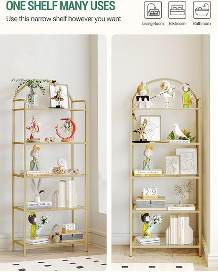 Bookcase Bookshelf, Tempered Glass Bookshelves, Slim Shelving Unit for Bedroom, Bathroom, Home Office, Steel Frame, 5 Tier Gold BC21599G - LeafyLoom