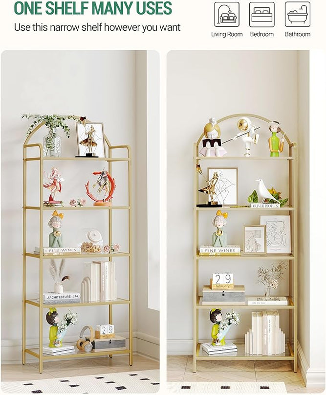 Bookcase Bookshelf, Tempered Glass Bookshelves, Slim Shelving Unit for Bedroom, Bathroom, Home Office, Steel Frame, 5 Tier Gold BC21599G - LeafyLoom