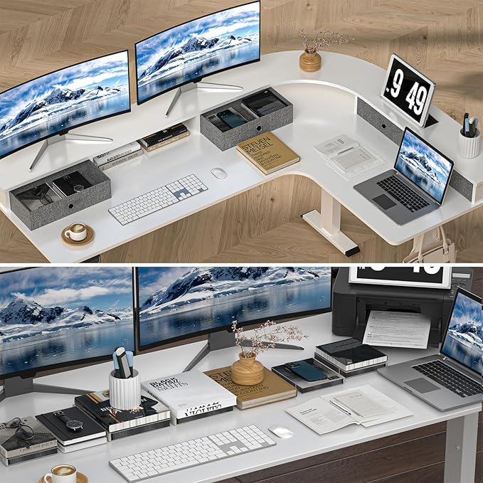 L Shape Standing Desk, 67 * 48 Inches Adjustable Height Standing Desk with 4 Drawers, Corner Electric Standing Desk with Monitor Stand for Home Office, Snow White - LeafyLoom