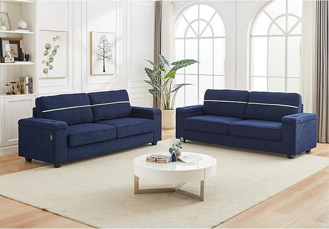 Modern Living Room Upholstered 3 Seater Sofa Couch Deep Seat Soft Corduroy Sofa&Couch with Storage Armrests, 2 Cupholders, Type-C and USB Charging Ports for Home, Apartment, Office - LeafyLoom