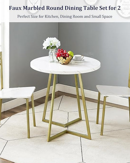 VECELO Small Round Dining Table Set for 2, Wood Marbled Tabletop with Steel Frame, Modern Dinette with Chairs for Kitchen Breakfast Nook Living Room, White and Gold - LeafyLoom