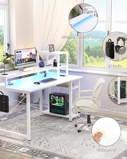 Gaming Desk with Lights & Power Outlets, 47.2' Computer Desk with Shelves, Small Desk for Small Space, Writing Desk with Monitor Stand, White - LeafyLoom