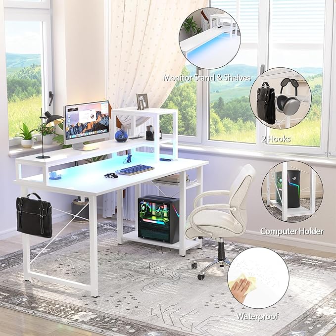 Gaming Desk with Lights & Power Outlets, 47.2' Computer Desk with Shelves, Small Desk for Small Space, Writing Desk with Monitor Stand, White - LeafyLoom