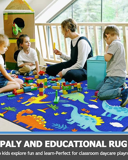 Capslpad Blue Dinosaur Kids Play Rugs for Boys Bedroom Colourful Cartoon Dinosaur Decor Kids Area Rug Non-Slip Washable Dinosaur Carpet Rugs for Kids Room,Playroom,Nursery Room Decor,5'×6.6' - LeafyLoom