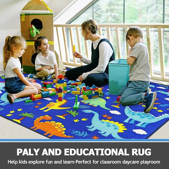 Capslpad Blue Dinosaur Kids Play Rugs for Boys Bedroom Colourful Cartoon Dinosaur Decor Kids Area Rug Non-Slip Washable Dinosaur Carpet Rugs for Kids Room,Playroom,Nursery Room Decor,5'×6.6' - LeafyLoom
