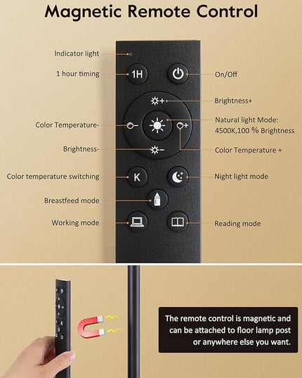 Brightown LED Floor Lamp - 18W Bright Lamp with Remote & Touch Control - 4 Color Temperatures with Memory & Timer, Adjustable Gooseneck for Reading - Ideal for Living Room, Bedroom, Office - LeafyLoom