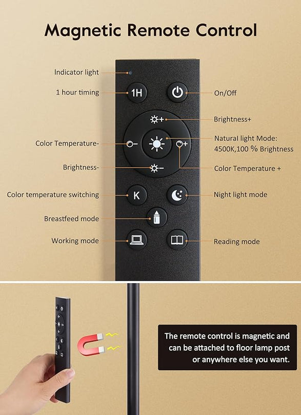 Brightown LED Floor Lamp - 18W Bright Lamp with Remote & Touch Control - 4 Color Temperatures with Memory & Timer, Adjustable Gooseneck for Reading - Ideal for Living Room, Bedroom, Office - LeafyLoom