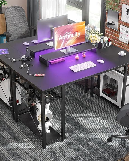 armocity Computer Desk with LED Lights, 55 Inch Desk with Power Outlet and USB, Reversible Large Desk with Moveable Monitor Stand, 55.2'' Gaming PC Table for Home Office, Workstation, Black - LeafyLoom