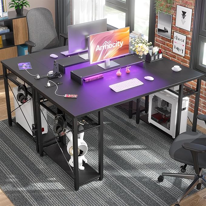 armocity Computer Desk with LED Lights, 55 Inch Desk with Power Outlet and USB, Reversible Large Desk with Moveable Monitor Stand, 55.2'' Gaming PC Table for Home Office, Workstation, Black - LeafyLoom