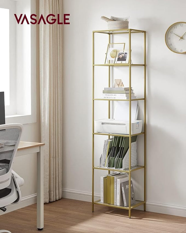 VASAGLE Bookcase, 6-Tier Bookshelf, Slim Shelving Unit for Bedroom, Bathroom, Home Office, Tempered Glass, Steel Frame, Metallic Gold ULGT500A01 - LeafyLoom