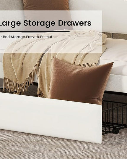 Twin Size Daybed with 2 Storage Drawers, Upholstered Daybed with Charging Station and LED Lights, PU Leather Fabric Bedframe w/Headboard & Wood Slat Support for Living Room, White - LeafyLoom