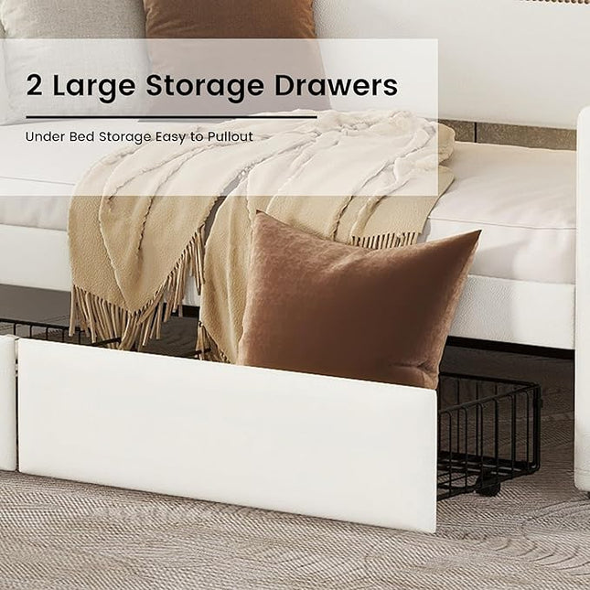 Twin Size Daybed with 2 Storage Drawers, Upholstered Daybed with Charging Station and LED Lights, PU Leather Fabric Bedframe w/Headboard & Wood Slat Support for Living Room, White - LeafyLoom