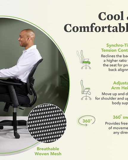 HON Wave Home Office Desk Chair - Office Chair Ergonomic Desk Chair - Ergonomic Mesh Office Chair, Mid Back, Adjustable Arms, Lumbar Support, Synchro-Tilt, Cushion, 360 Swivel Wheels - LeafyLoom