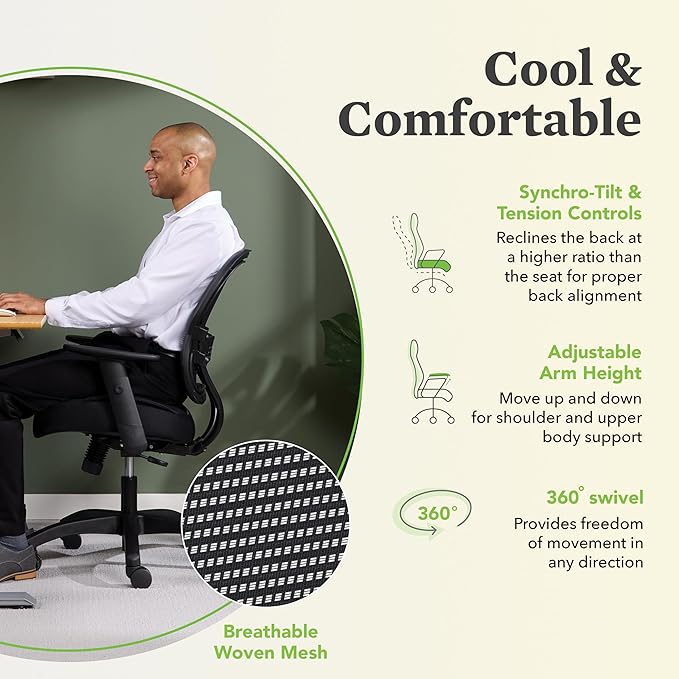 HON Wave Home Office Desk Chair - Office Chair Ergonomic Desk Chair - Ergonomic Mesh Office Chair, Mid Back, Adjustable Arms, Lumbar Support, Synchro-Tilt, Cushion, 360 Swivel Wheels - LeafyLoom