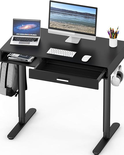 SHW Claire 40-Inch Height Adjustable Electric Standing Desk with Drawer, Black - LeafyLoom