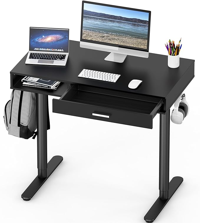 SHW Claire 40-Inch Height Adjustable Electric Standing Desk with Drawer, Black - LeafyLoom