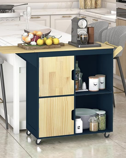 Usinso Rolling Kitchen Island, Kitchen Island Storage Cabinets on Wheels with Drop Leaf Countertop, Handle Racks, Caster Liquor Cart Suitable for Placing (Blue) - LeafyLoom