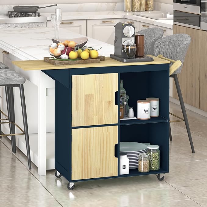 Usinso Rolling Kitchen Island, Kitchen Island Storage Cabinets on Wheels with Drop Leaf Countertop, Handle Racks, Caster Liquor Cart Suitable for Placing (Blue) - LeafyLoom