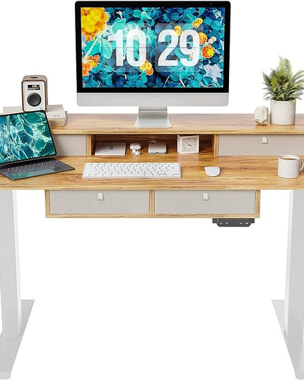 FEZIBO Sturdy Height Adjustable Electric Standing Desk with Drawers, 48 x 24 Inch Stand Up Table with Large Storage Shelf, Sit Stand Desk, Light Rustic Brown Top - LeafyLoom