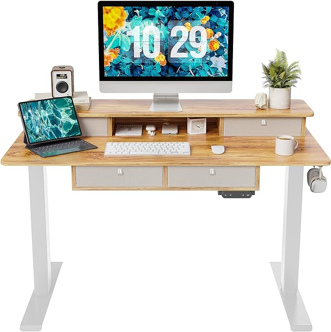 FEZIBO Sturdy Height Adjustable Electric Standing Desk with Drawers, 48 x 24 Inch Stand Up Table with Large Storage Shelf, Sit Stand Desk, Light Rustic Brown Top - LeafyLoom