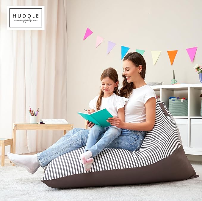 HUDDLE Original Stuffed Animal Bean Bag Storage Large Designer Beanbag Chairs for Kids Teens & Adults | Instant Clutter Clear for Stylish Moms - Stuffed Animal Storage Bean Bag Chair Grey Stripe - LeafyLoom