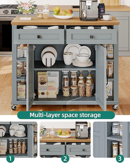 YITAHOME Kitchen Island with Storage Cabinet, Rolling Kitchen Cart on Wheels, Americana Kitchen Island Cabinet with Open Shelves for Kitchen Dining Room, Thicker Rubberwood Top, Grey Blue - LeafyLoom