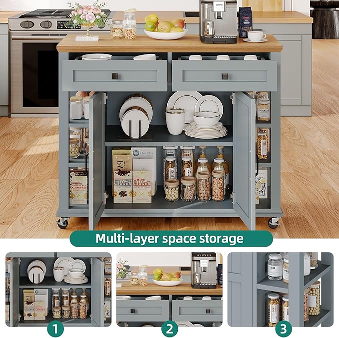YITAHOME Kitchen Island with Storage Cabinet, Rolling Kitchen Cart on Wheels, Americana Kitchen Island Cabinet with Open Shelves for Kitchen Dining Room, Thicker Rubberwood Top, Grey Blue - LeafyLoom