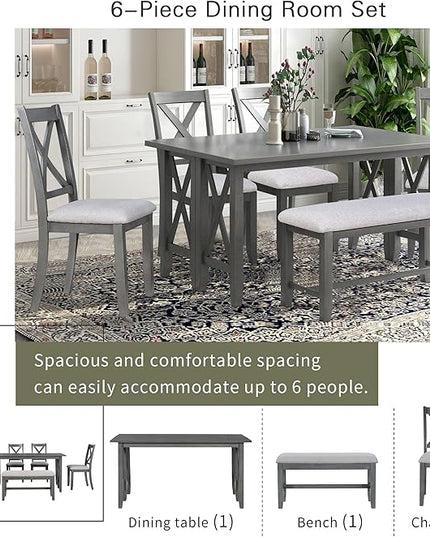 6-Piece Family Dining Set with Solid Wood Foldable Table, 4 Upholstered Chairs and Bench, Easy to Assemble, for Living Room, Kitchen, Home Bar, Diningroom, Dark Gray+Light Gray - LeafyLoom