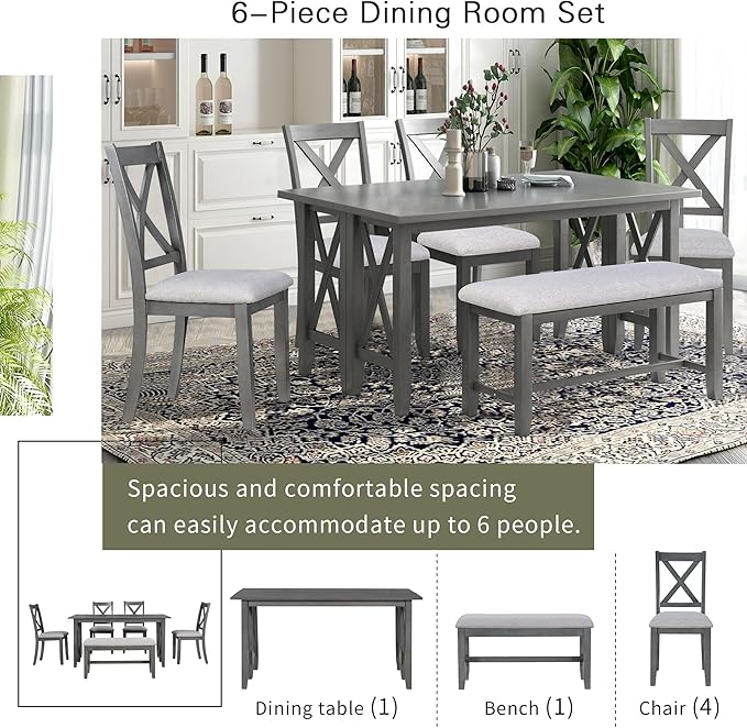 6-Piece Family Dining Set with Solid Wood Foldable Table, 4 Upholstered Chairs and Bench, Easy to Assemble, for Living Room, Kitchen, Home Bar, Diningroom, Dark Gray+Light Gray - LeafyLoom