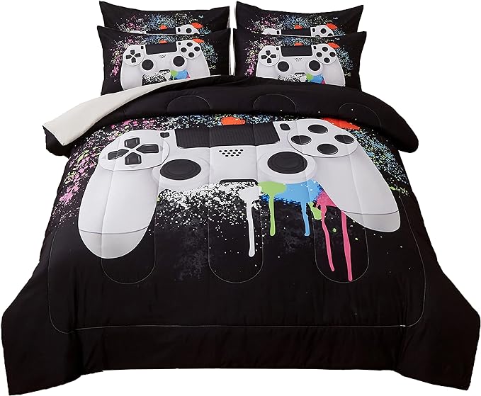 Gamer Bedding Sets for Boys, Full Size 3-Piece Gaming Comforter Sets for Kids Teens, Soft Microfiber Video Game Bedding Sets for Game Lovers, 1 Comforter and 2 Pillowcase(White,Full) - LeafyLoom