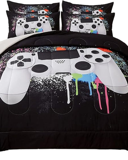 Gamer Bedding Sets for Boys, Twin Size 2-Piece Gaming Comforter Sets for Kids Teens, Soft Microfiber Video Game Bedding Sets for Game Lovers, 1 Comforter and 1 Pillowcase(White,Twin) - LeafyLoom