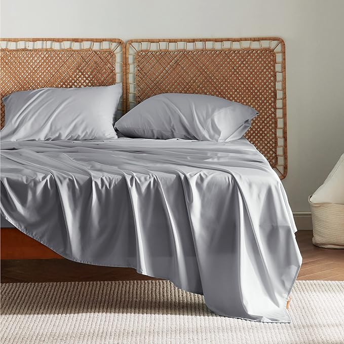 Bedsure Queen Sheets, Rayon Derived from Bamboo, Queen Cooling Sheet Set, Deep Pocket Up to 16", Breathable & Soft Bed Sheets, Hotel Luxury Silky Bedding Sheets & Pillowcases, Silver Grey - LeafyLoom