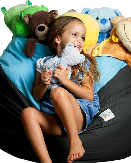 2 Sizes in 1 Stuffed Animal Storage Bean Bag Chair Cover for Kids & Adults | Washable XL Stuffie Seat | 100% Cotton | Pouf Organizer for Plush Toys, Linens, Quilts & Pillows | Blue Skies - LeafyLoom