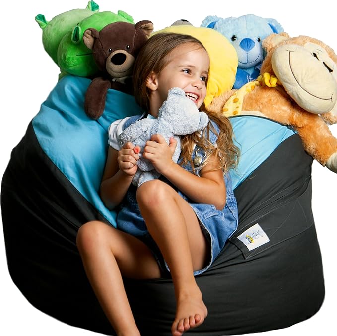 2 Sizes in 1 Stuffed Animal Storage Bean Bag Chair Cover for Kids & Adults | Washable XL Stuffie Seat | 100% Cotton | Pouf Organizer for Plush Toys, Linens, Quilts & Pillows | Blue Skies - LeafyLoom