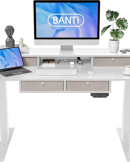 BANTI Height Adjustable Electric Standing Desk with 4 Drawers, 48 x 24 Inch Table with Storage Shelf, Sit Stand Desk, White Top - LeafyLoom