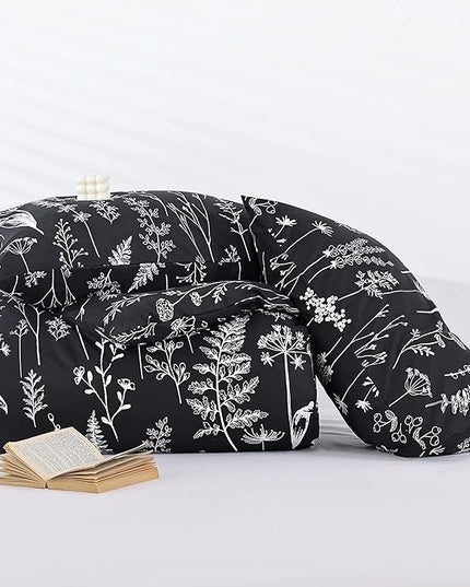 JANZAA Queen,3 PCS Floral Comforter Set with Comforter, Black, Soft Microfiber Bedding Set with 2 Pillow Cases - LeafyLoom