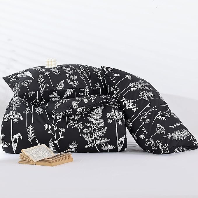 JANZAA Queen,3 PCS Floral Comforter Set with Comforter, Black, Soft Microfiber Bedding Set with 2 Pillow Cases - LeafyLoom