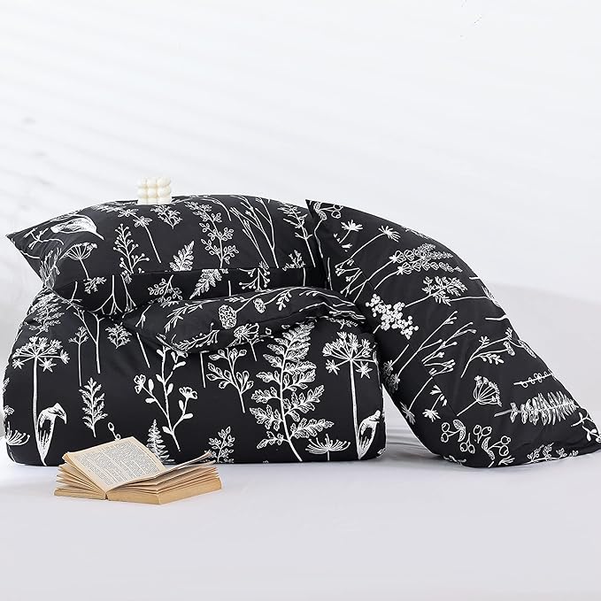 JANZAA Twin Black comforter set 2 PCS(1 Twin Comforter&1 Pillowcase) Plant Floral -Soft Microfiber Twin Bedding Sets for All Season - LeafyLoom